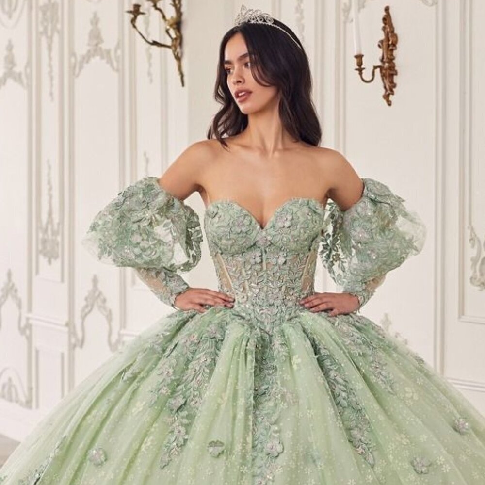 N/A NEW LONG QUINCEANERA MAXI TULLE BALL GOWN W/ REMOVABLE PUFF SLEEVES CD 15722 - Picture 8 of 12